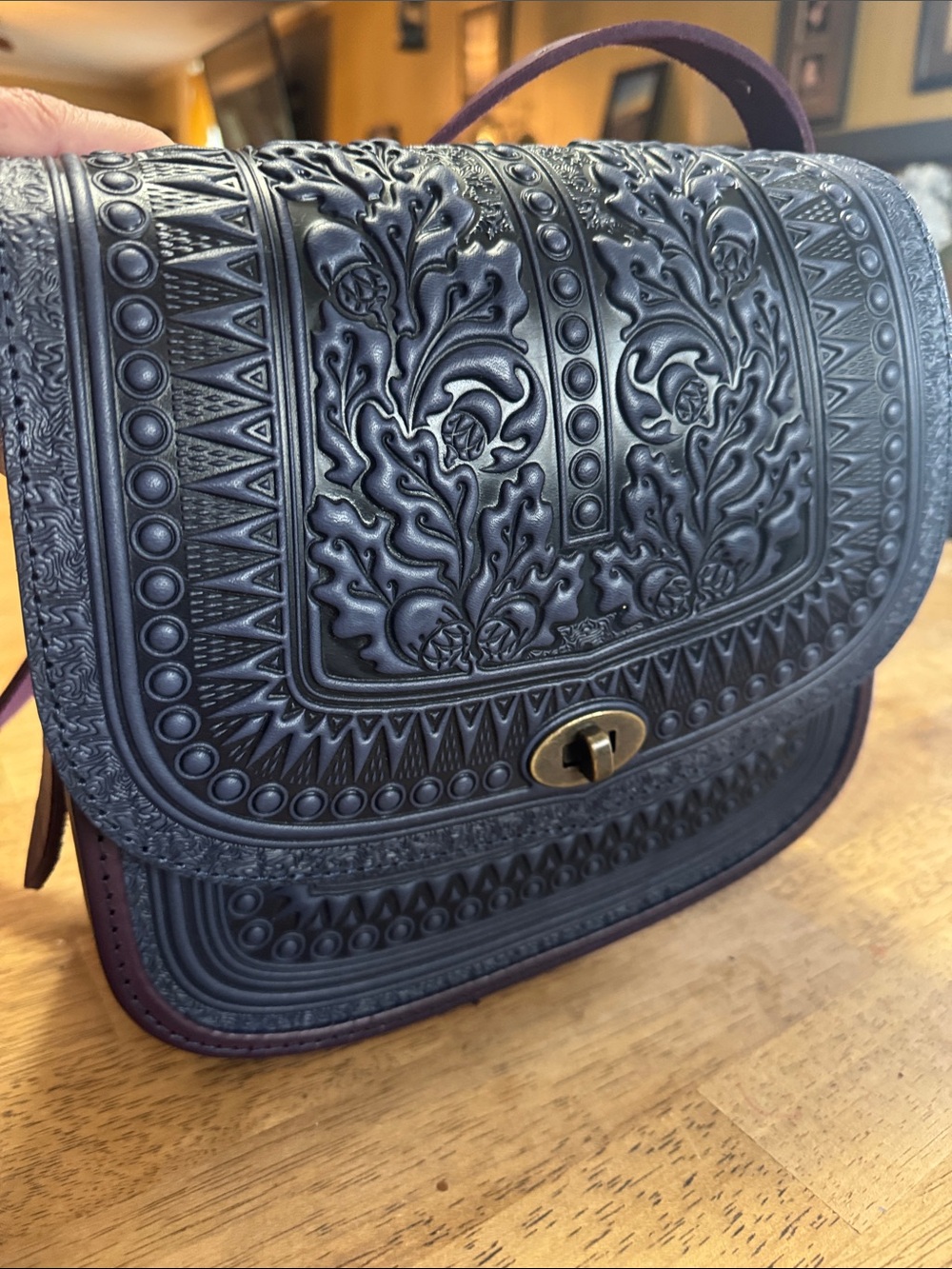 Embossed Navy Blue Bag with Turn-Lock Closure